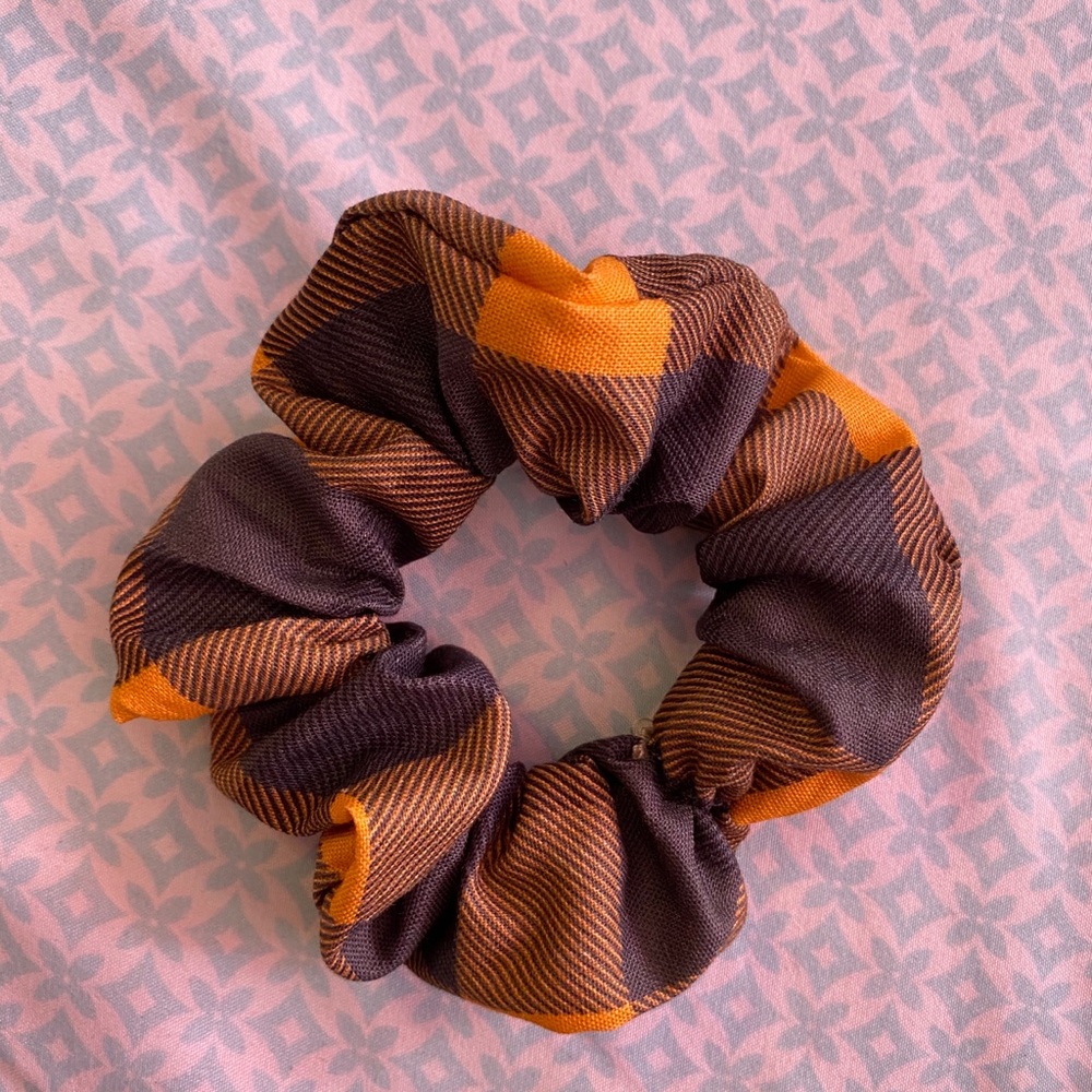 Handmade orange and black plaid scrunchie!